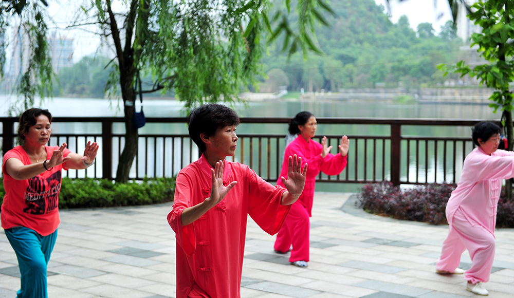 市民在贵阳市泉湖公园里练太极